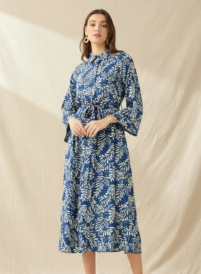 سبلاش فيڤ Leaf Print Viscose Women Shirt Dress with Belt